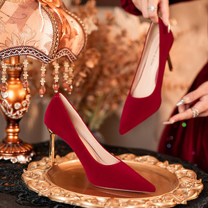 8777H Pointed Toe Stiletto <b>Heel</b> Velvet <b>Red</b> Pumps High <b>Heel</b> Bridal Shoes Women - Product Image 2