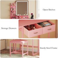 Coiffeuse rose lumineuse avec miroir, table de maquillage à 2 tiroirs, panneau rabattable et prise électrique pour chambre à coucher