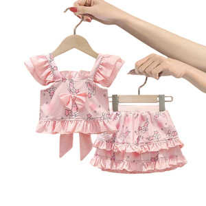 Maillot de bain deux pièces pour filles, imprimé lapin mignon, manches volantées, grand nœud, jupe à volants, maillot de bain d'été pour enfants - Product Image 5