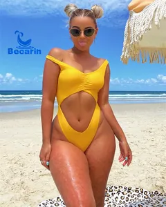 Bright yellow color women swimsuit one piece custom solid color swimwear sunny style high quality beach suit