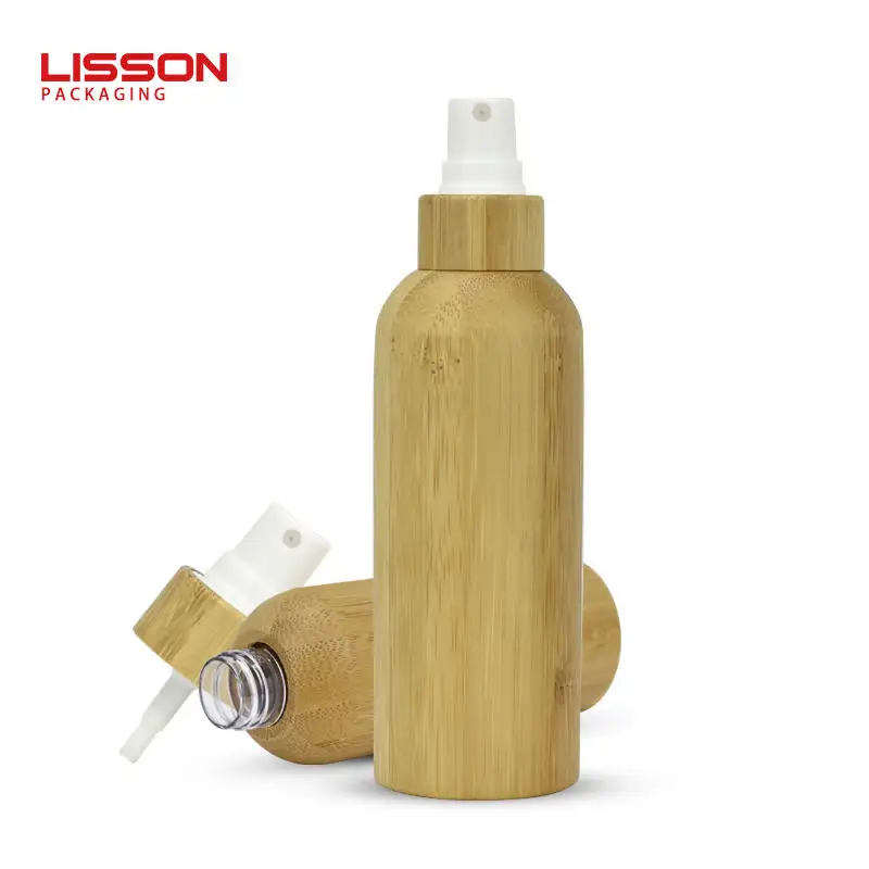 Toptan bambu Serum şişeleri özel bambu losyon pompa şişesi uçucu yağ şampuan ambalaj plastik bambu sprey şişe