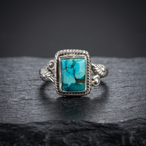 Tibat 925 Sterling Silver Fancy Rectangle <b>Turquoise</b> <b>Ring</b> India Natural <b>Turquoise</b> Gemstone Stone Cabochon with Bezel Setting - Product Image 2