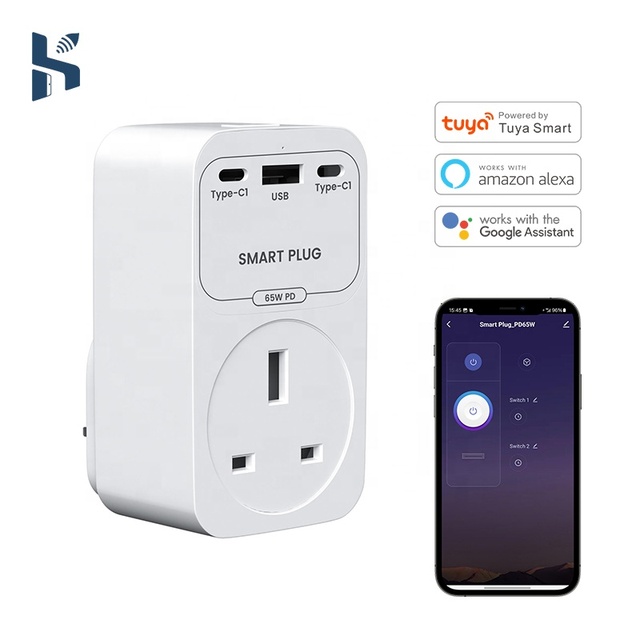 Tuya Smart Life UK 16A Power Plug 65W WiFi Compatible Alexa Google Assistant Tuya APP Remote Control GaN Charger USB Type-C Port
