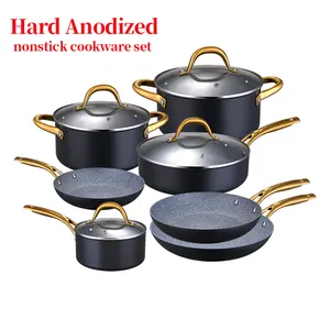 Hard Anodized Aluminum Cookware Set Induction Cooker Non Stick Luxury Kitchen Pots And Pans With PVD Gold Plated Handle