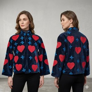 Velvet <b>Mandarin</b> <b>Collar</b> <b>Jacket</b> Women's Full Sleeve Red Heart Applique Pattern Autumn Zipper Closure Regular Length Women's <b>Jacket</b> - Product Image 5