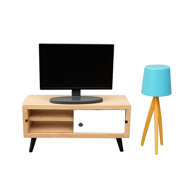 Iland Miniatures Dollhouse Miniature TV Television With TV Cabinet Standing Lamp with Blue Shade