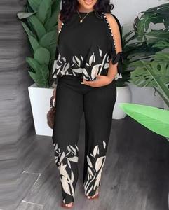 Women's Round Neck Raglan Sleeve <b>Beaded</b> <b>Top</b> With Positioned Print Long Pants Plus Size 2-Piece Set Fashion - Product Image 6