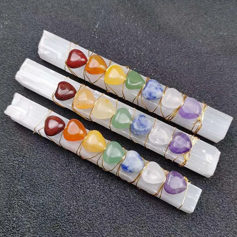 Heart Shaped Stone seven chakra crystal hearts wire wrapped Selenite Stick wand for Healing Crystal Stone