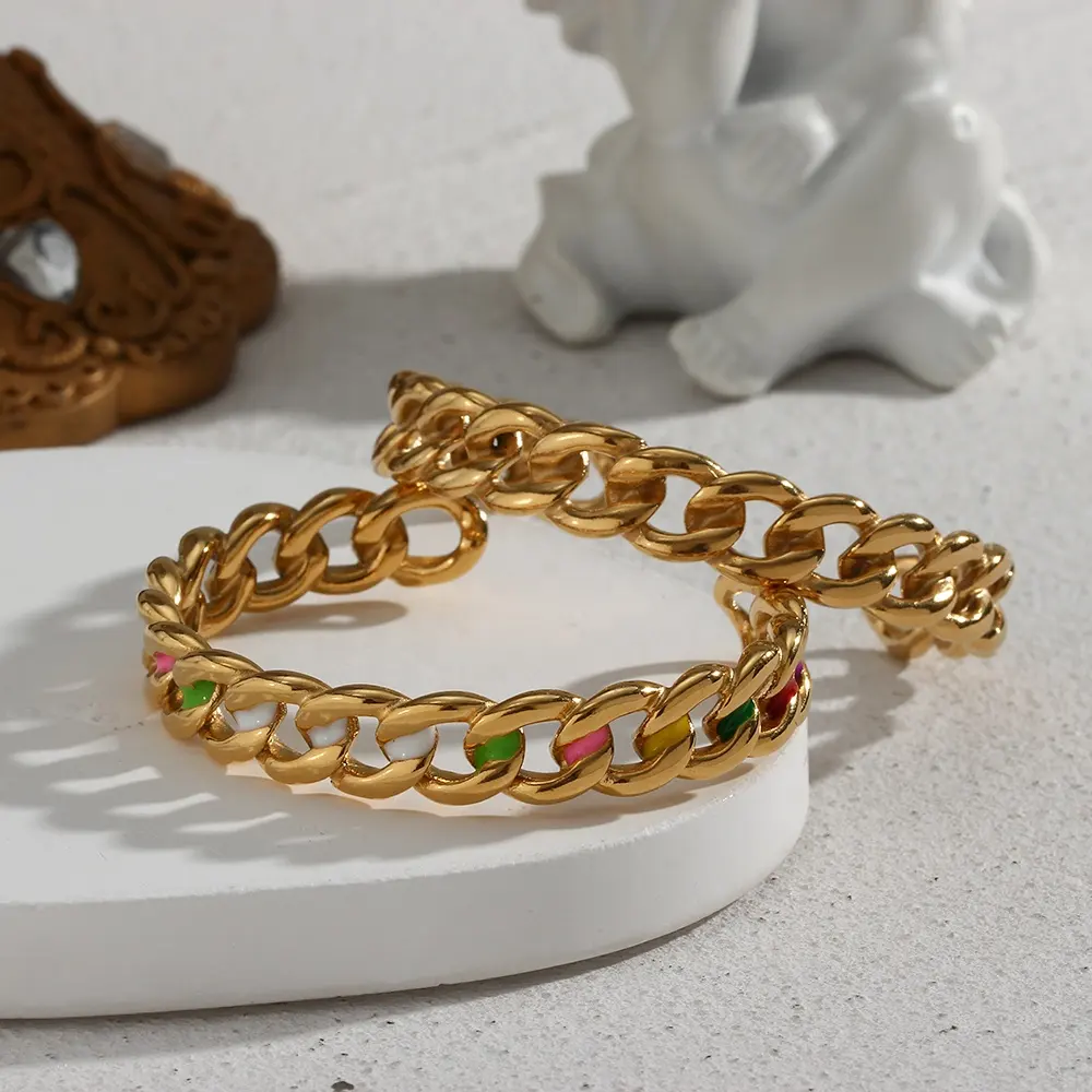 Enamel Open Woven Cuban Chain Bracelets Stainless Steel Gold Plated Bangles For Women