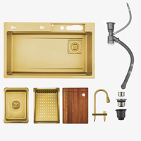 Ensemble de robinetterie de cuisine moderne et minimaliste en acier inoxydable avec évier intégré, affichage numérique Golden Shark et robinet extractible cascade pour le lavage
