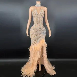 Gaun bulu berlian imitasi seksi gemerlap gaun malam mewah punggung terbuka transparan jaring