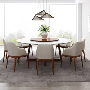 Italian Dining Table 8-person Round Turntable White Solid Wood Dining Table Nordic Marble Glass Top Home Furniture Modern