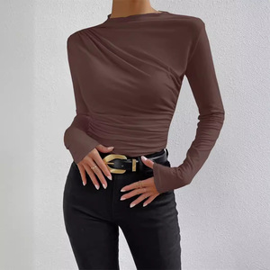 Camicetta da <span class=keywords><strong>donna</strong></span> a maniche lunghe in rayon, girocollo alto, tinta unita, vestibilità slim, design plissettato versatile, collezione Primavera 2024, 140g - Product Image 3