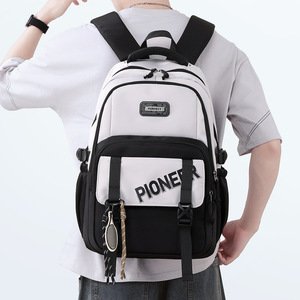 Ash Gray And Obsidian Black Patchwork <b>Backpack</b> 15 Inches For Junior And Senior High <b>School</b> Boys <b>School</b> Education Durable - Product Image 2