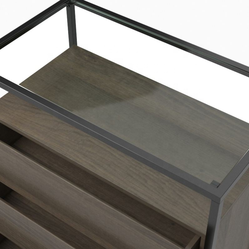 En métal En Verre avec Cadre En bois Côté Table D'appoint avec Tiroir et Étagère