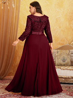 Robe de soirée grande taille élégante à col en V, manches trois-quarts, patchwork de sequins et ourlet large, idéale pour les bals semi-formels