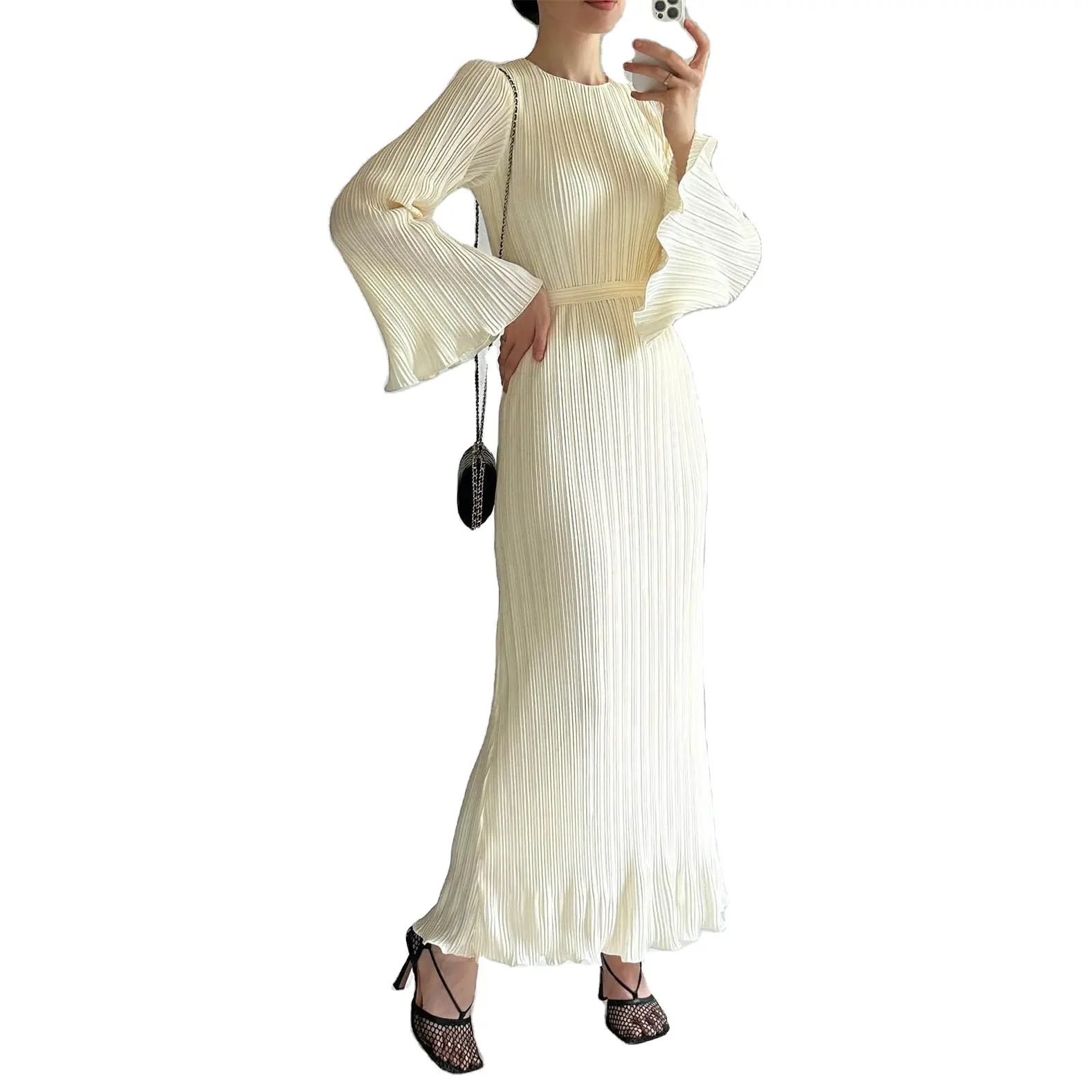 BOJIN 2024 Arrival Women Causal Long Sleeve Dress Solid Color Slim Fit Maxi Dress with Belt Lady Elegant O Neck Vacation Dress