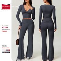 Ensemble de yoga respirant à manches longues et col en V pour femmes, 2 pièces, pantalon évasé à taille élastique, pour l'entraînement