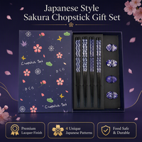 Baguettes japonaises en bois à motifs, 4 paires avec repose-baguettes en verre, coffret cadeau fleurs de cerisier