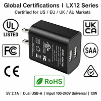 Chargeur mural double USB 10W 5V 2.1A, adaptateur de chargeur de téléphone avec prise fixe US EU UK AU, certifié UL FCC CE UKCA SAA multi-régions