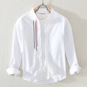 Men Clothing 2023 Japanese Trend Fresh White Long-sleeved Shirt Men's Casual Youth Color Matching Literary Loose Cotton Shirt