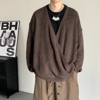 Pull en tricot ample à col en V et manches longues pour homme, couleur unie, design enveloppant, pull oversize pour un usage quotidien, pulls pour hommes