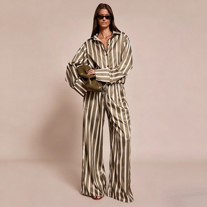 Completo da donna 2 pezzi per il tempo libero: camicia a maniche lunghe a righe e pantaloni a <span class=keywords><strong>gamba</strong></span> <span class=keywords><strong>larga</strong></span>, casual, estivo, vestibilità ampia - Product Image 1