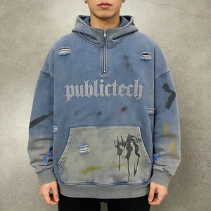 Sudadera con capucha para hombre, personalizada de fábrica, estilo streetwear vintage, de alto gramaje 400 g/m², corte holgado, con pedrería dibujada a mano, lavado ácido y efecto desgastado, con cremallera de 1/4 - Product Image 3