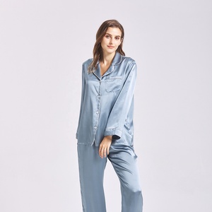 Custom 16/19/<strong>22</strong> Momme 100% Silk Pajamas Long Sleeves V-neck Silk <strong>Pyjamas</strong> Women Misty Blue Organic Silk Sleepwear Set - Product Image 3