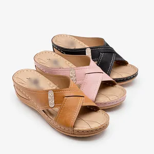 亚马逊夏季凉鞋女式复古楔形缝制大码女式拖鞋女式高跟鞋