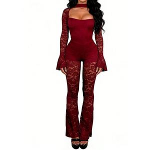 Combinaison moulante en dentelle florale pour femme, col montant, manches longues avec poignets évasés et dos à découpe, pour soirée - Sehe Fashion - Product Image 1