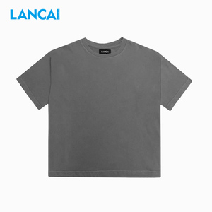 T-shirt épais en coton noir Lancai avec logo personnalisé, impression streetwear, coupe décontractée, épaules tombantes, t-shirt vierge épais - Product Image 4