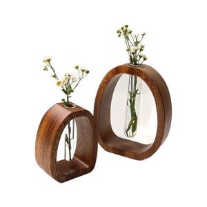 Jarrón de Madera de Nogal con Forma Geométrica y Tubo de Vidrio, Decoración Moderna para Interiores, Adorno para Mesa de Sala - Product Image 4