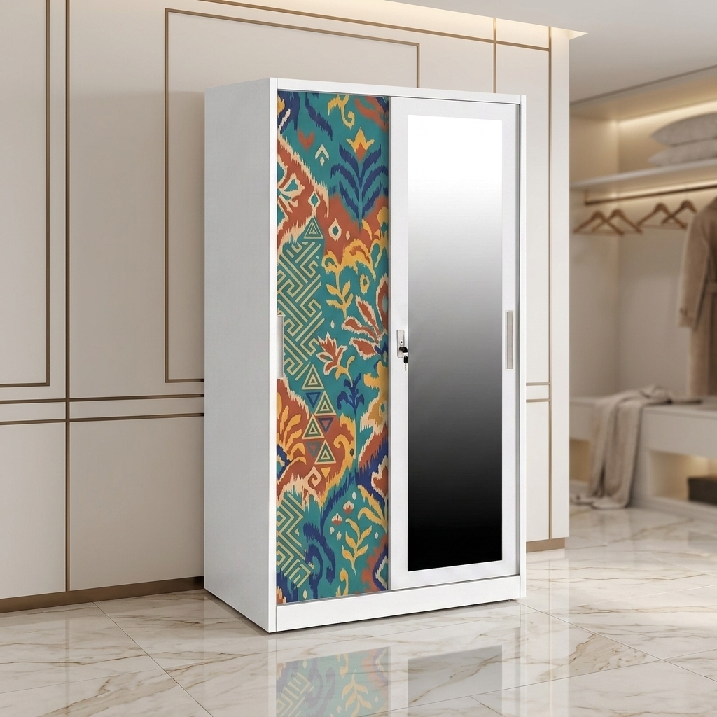 Armoire métallique à motifs pour chambre à coucher avec porte coulissante et miroir