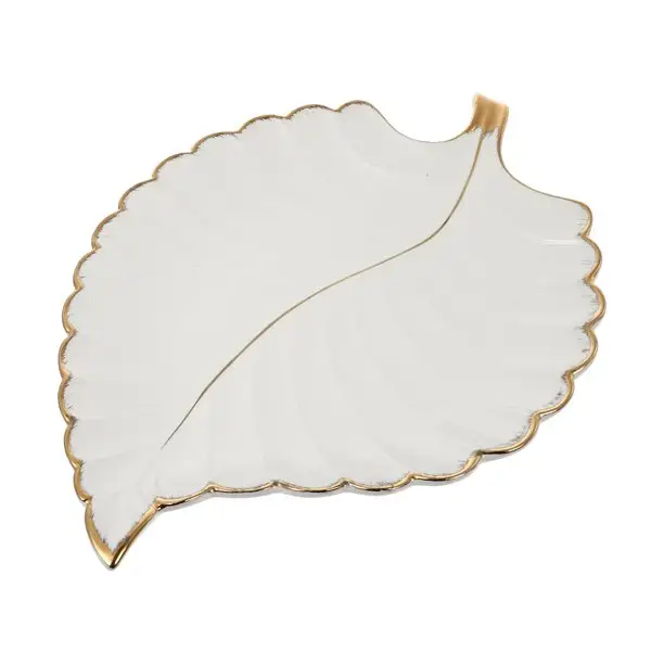 Luxury Gold Rim Unique Leaf Shape Jewelry Display Ceramic Ring Dish Trinket Holder