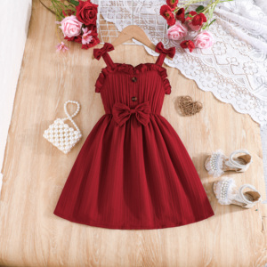 Vestido Floral Rojo para Niñas de 2 a 8 Años, Elegante, para Fiestas de Verano, con Lazo y Botones, Diseño Floral, Largo hasta la Rodilla, Sin Mangas, para Moda Infantil - Product Image 1
