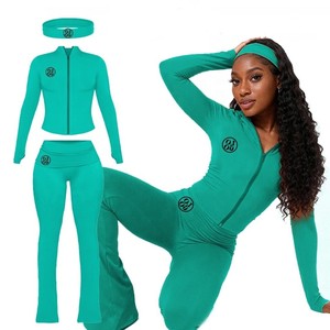 Ensemble de vêtements de détente personnalisés <span class=keywords><strong>pour</strong></span> le fitness, deux pièces, adapté aux grandes filles, veste zippée et <span class=keywords><strong>pantalon</strong></span> évasé à revers, ensemble assorti avec bandeau <span class=keywords><strong>pour</strong></span> femmes - Product Image 1