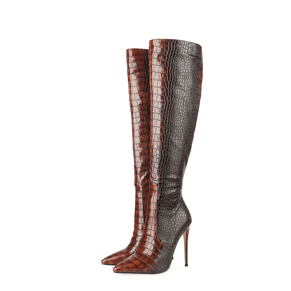 Custom Retro Style Stiletto Heel Crocodile Print Long Boots Side Zip Pointed Toe Autumn Winter Knee High Boots For Ladies