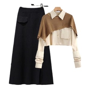 Ensemble pull tricoté Dalang pour femme, jupe taille haute ample avec haut chemise, mode hiver, anti-boulochage, épaisseur moyenne - Product Image 5