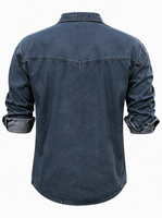 Kemeja Denim Dark Wash Pria Vintage Kancing Jepret Lengan Panjang Kemeja Kerja Western OEM ODM Custom Grosir