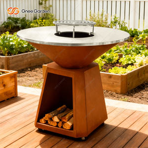 Barbecue d'extérieur moderne en acier corten de taille familiale, allumage automatique, sécurité des flammes, plaque de cuisson, base carrée en bois, combustion au bois - Product Image 2