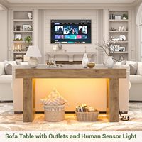 Console de style farmhouse de 63 pouces avec prises électriques et lumière à détecteur, meuble de rangement en bois pour entrée, montage facile, pour salon et couloir