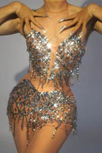 Robe courte de soirée sexy pour femme, style défilé de mode, avec bretelles, <span class=keywords><strong>en</strong></span> maille extensible, pour club, spectacle de <span class=keywords><strong>danse</strong></span> latine, avec strass - Product Image 2