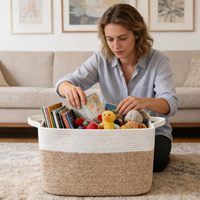 Panier rectangulaire durable en jute blanc, sans odeur, design moderne, écologique, multi-usages, en corde de coton tressée avec poignées pour buanderie