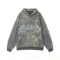 Sweat à capuche oversize effet vieilli avec fermeture éclair, imprimé graphique Kornit DTG motif épine gothique sombre, coupe ample streetwear