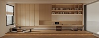 Conception de villa Armoire de cuisine Design Design d'intérieur de villas à haut volume Placage de rondins Ligne squelette Armoire suspendue Salon