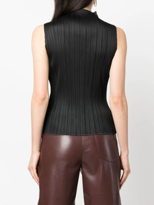 Top de Verano Elegante de Alta Calidad para Mujer, Negro, Sin Mangas, Cuello Alto, Cuello Alto con Pliegues Verticales, Cuello Alto con Ribetes - Product Image 2