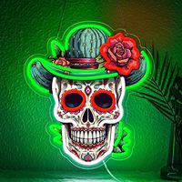 Insegna al Neon Teschio di Zucchero per il Giorno dei Morti, Luce da Parete a LED con Cappello Messicano, Dimmerabile, Stampa UV, Decorazione per Feste di Halloween, Alimentazione USB, Decorazione per Bar