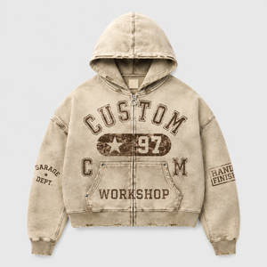 Sudadera con capucha gráfica beige vintage con lavado ácido, corte cropped, cremallera completa, efecto desgastado, apliques y estampados en las mangas, estilo streetwear, venta al por mayor, sudadera con capucha personalizada para hombre - Product Image 1
