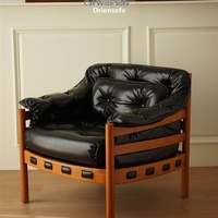 Mid-Century Old Money Style Massivholz-Faulenzerstuhl - Retro-Sessel mit Ölgewachstem Lederbezug